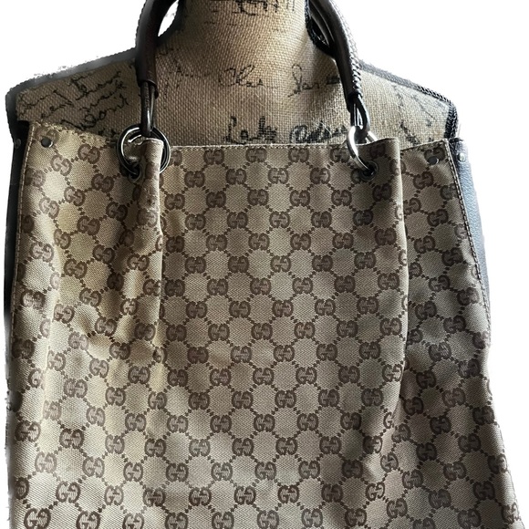 Authentic Gucci Tote Bag GG Canvas Brown Cinghiale Leather Great Condition! - Picture 2 of 16